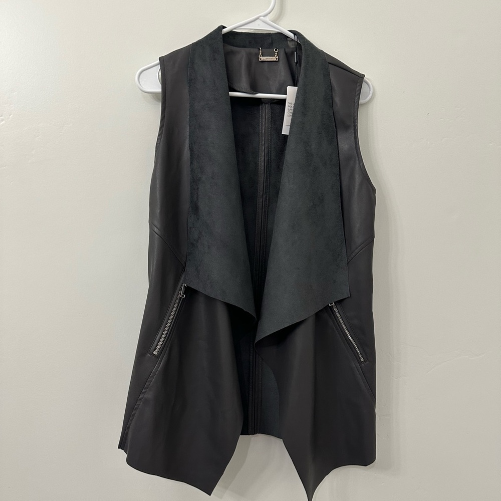 T. Tahari Faux Suede Leather Waterfall Open Front Vest Grey size Small - Picture 2 of 16